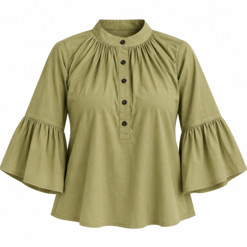 Green Ruffled Bell Sleeve Blouse