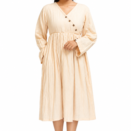 Pensive Woman in a Cream Linen Dress